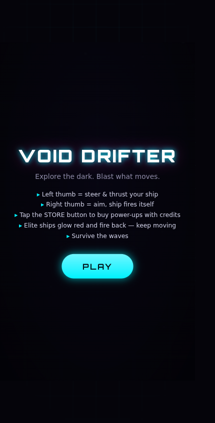 Screenshot of Void Drifter showing a ship blasting enemies in a dark neon space arena