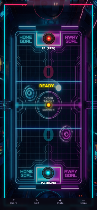 Screenshot of Glow Air Hockey showing a neon table with red and blue paddles and a puck