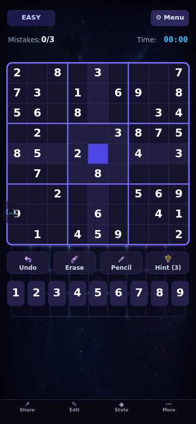 Screenshot of Evil Sudoku showing a 9x9 number grid with a numpad