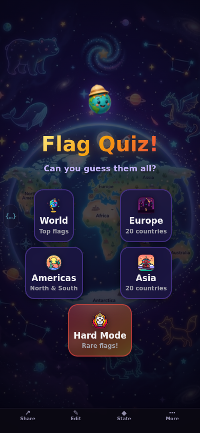 Screenshot of Flag Quiz showing a flag and four country name answer buttons