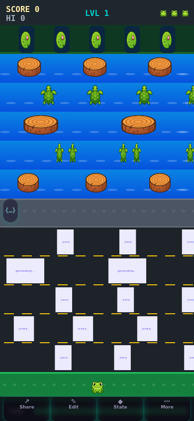 Screenshot of Froggy Road showing a frog hopping across a road toward lily pads