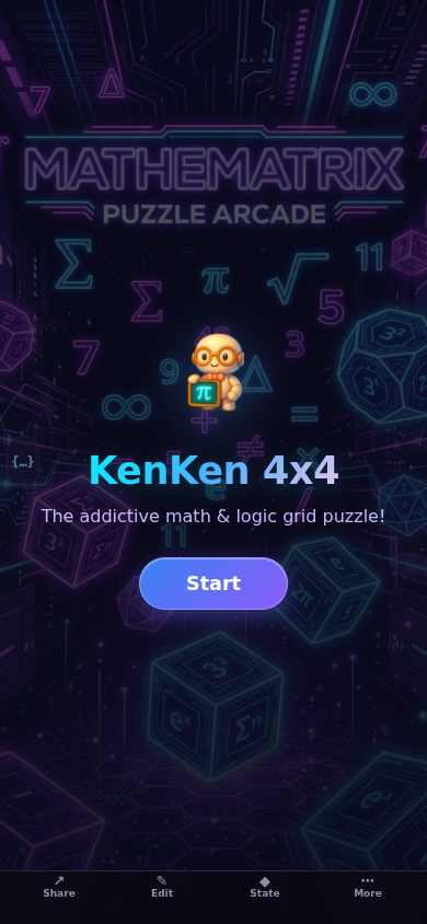 Screenshot of KenKen showing a 4x4 math logic grid puzzle with numbered cages