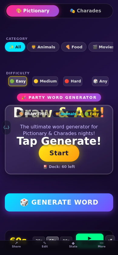 Screenshot of Pictionary Words showing a generated word card with category and difficulty badges