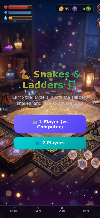 Screenshot of Snakes and Ladders showing a 10x10 board with colored tiles, pawns, snakes and ladders