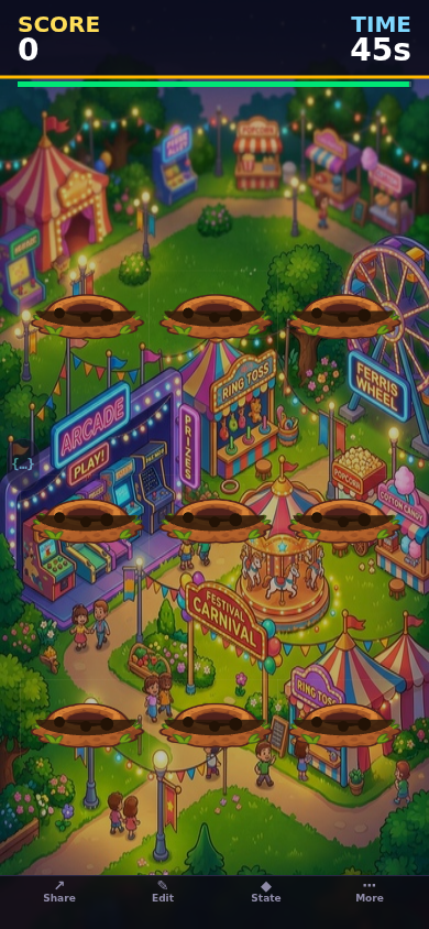 Screenshot of Whack-a-Mole showing a 3x3 grid with moles popping out of holes