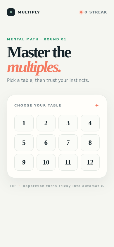 Screenshot of Times Table App showing a multiplication question and answer input