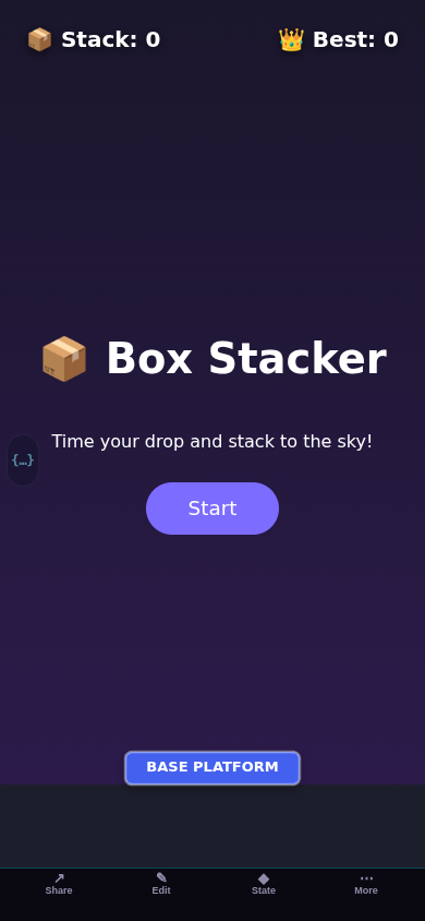Screenshot of Box Stacker Physics showing colorful boxes stacked in a wobbly tower