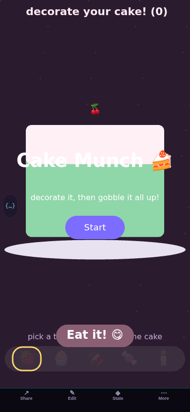 Screenshot of Cake Munch showing a decorated cake with toppings on a plate