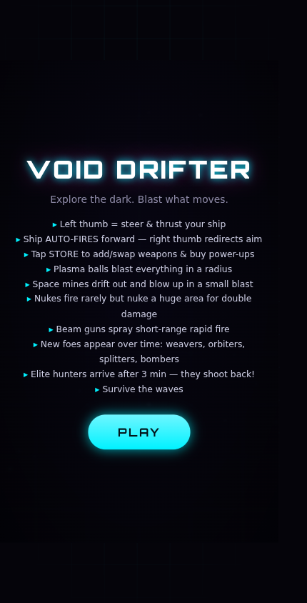 Screenshot of Exploration Twin Stick Shooter showing a ship blasting enemies in a dark space void