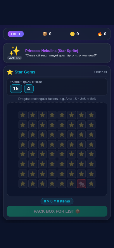 Screenshot of Cargo Craft showing an alien customer and a factor grid with draggable rectangular selections
