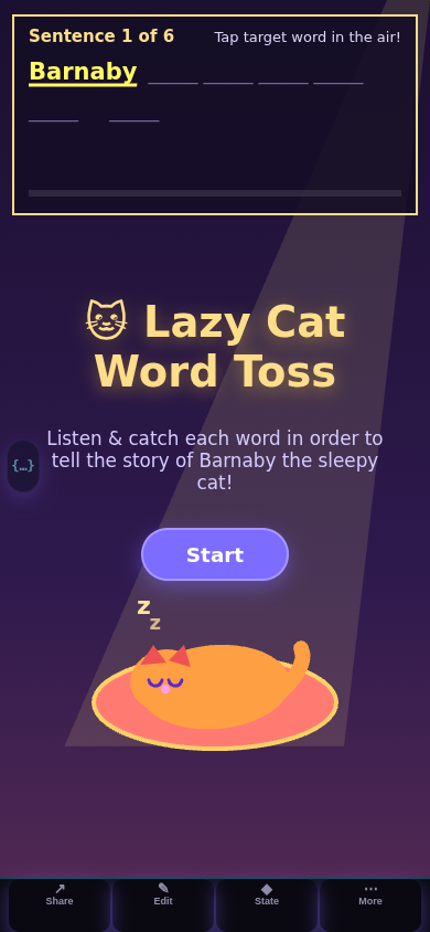 Screenshot of Lazy Cat Word Toss showing word bubbles and a sleepy cartoon cat