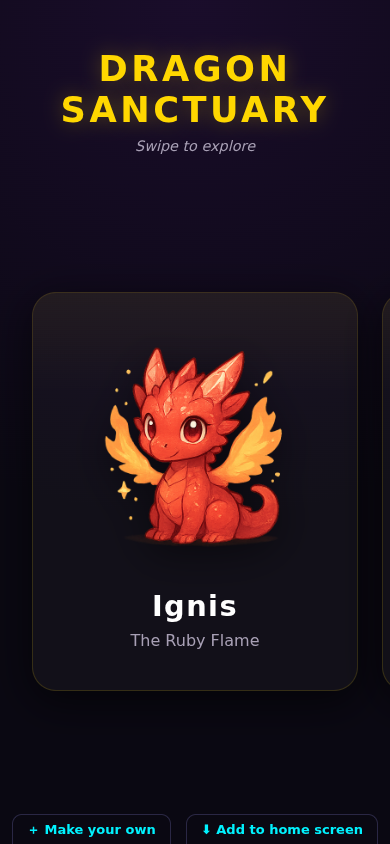 Screenshot of Pretty Dragons showing a gallery of colorful dragon cards with names and titles