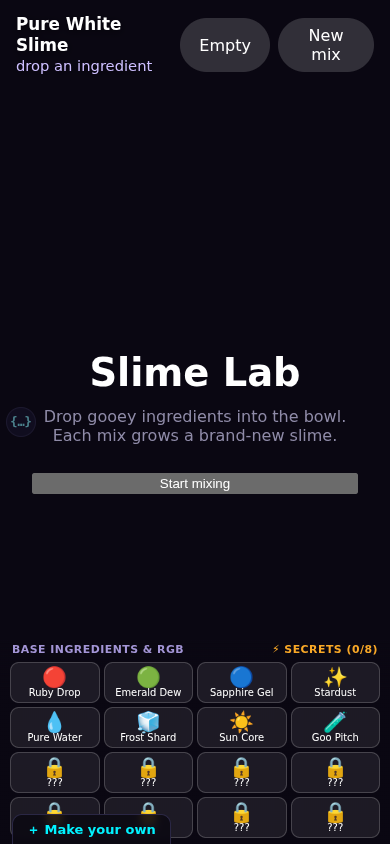 Screenshot of Procedural Slime Combiner showing a colorful slime in a glass bowl with ingredients