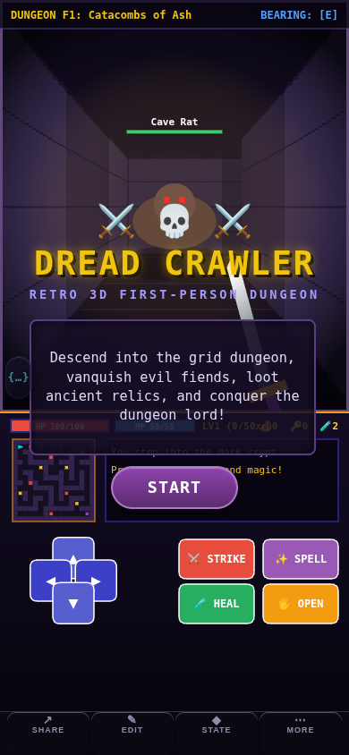 Screenshot of Retro Dungeon Crawler 2 showing a first-person retro 3D dungeon with a skeleton monster