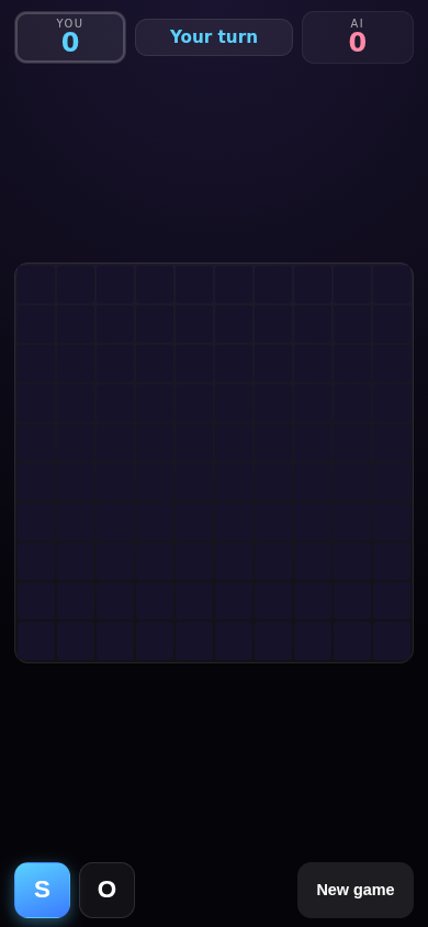 Screenshot of SOS 10x10 AI showing a 10x10 grid with S and O letters and a score panel against the AI
