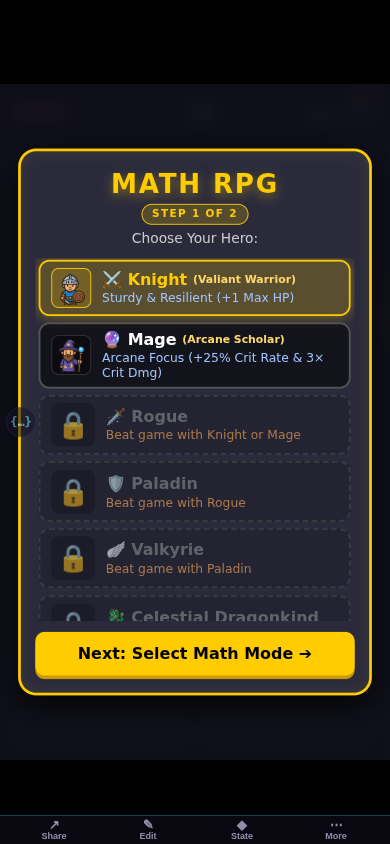 Screenshot of Times Table RPG showing a hero battling goblins with a math equation answer grid