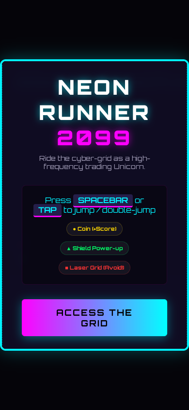 Screenshot of Cyber Unicorn Runner showing a neon unicorn jumping over laser obstacles on a cyber grid