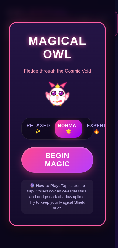 Screenshot of Magical Owl Dash showing a cute owl flying through space collecting stars