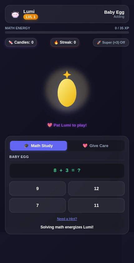 Screenshot of Math Blob Evolution showing a cartoon blob pet with math quiz options