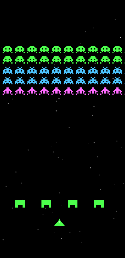 Screenshot of Space Invaders showing a green player ship firing at rows of colorful pixel aliens