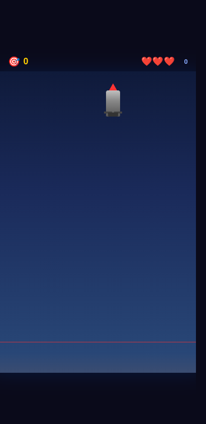 Screenshot of Tap Missile Defender showing missiles falling toward the ground with a score and heart lives HUD