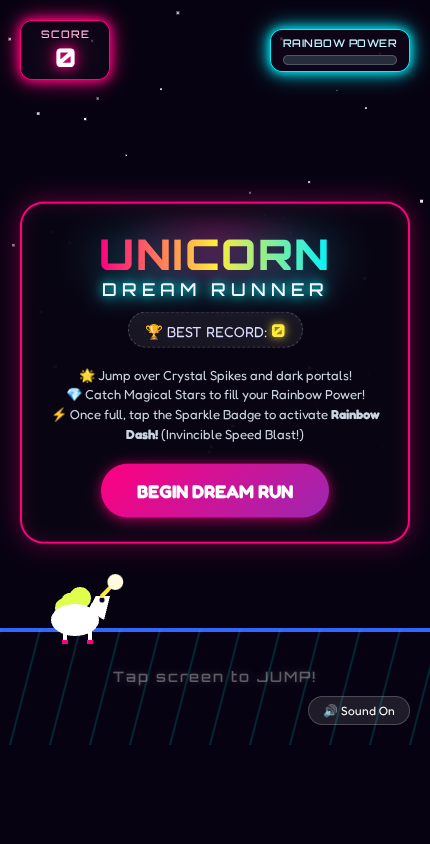 Screenshot of Unicorn Dash Runner showing a unicorn jumping over neon spikes with rainbow power bar