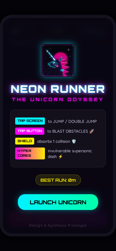 Screenshot of Unicorn Endless Runner showing a neon unicorn jumping over obstacles