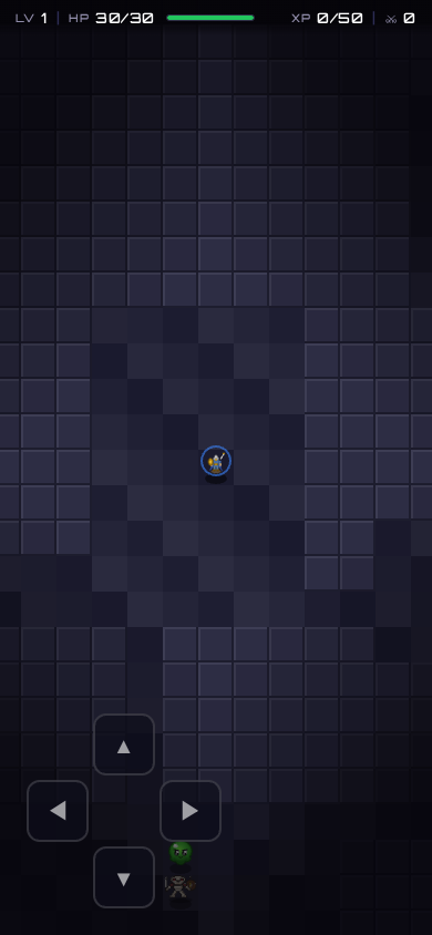 Screenshot of Wander Level RPG showing a dungeon map with a player and monsters