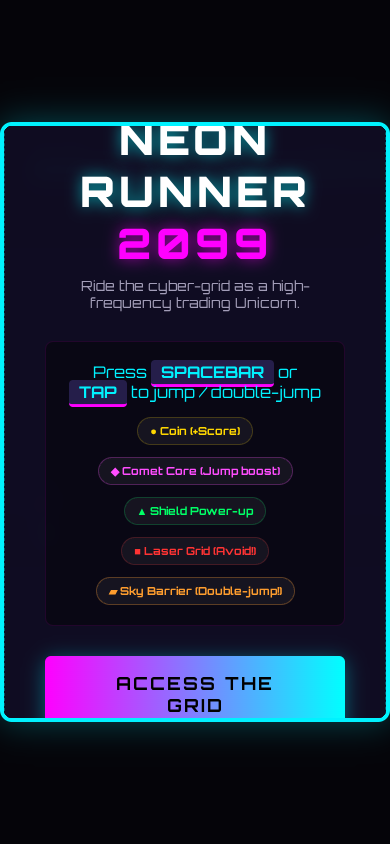 Screenshot of Cyber Unicorn Runner showing a neon unicorn jumping over laser grids on a cyber-grid